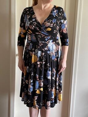 Unique Vintage Black Floral Wrap Midi Dress with Blue and Yellow Blooms